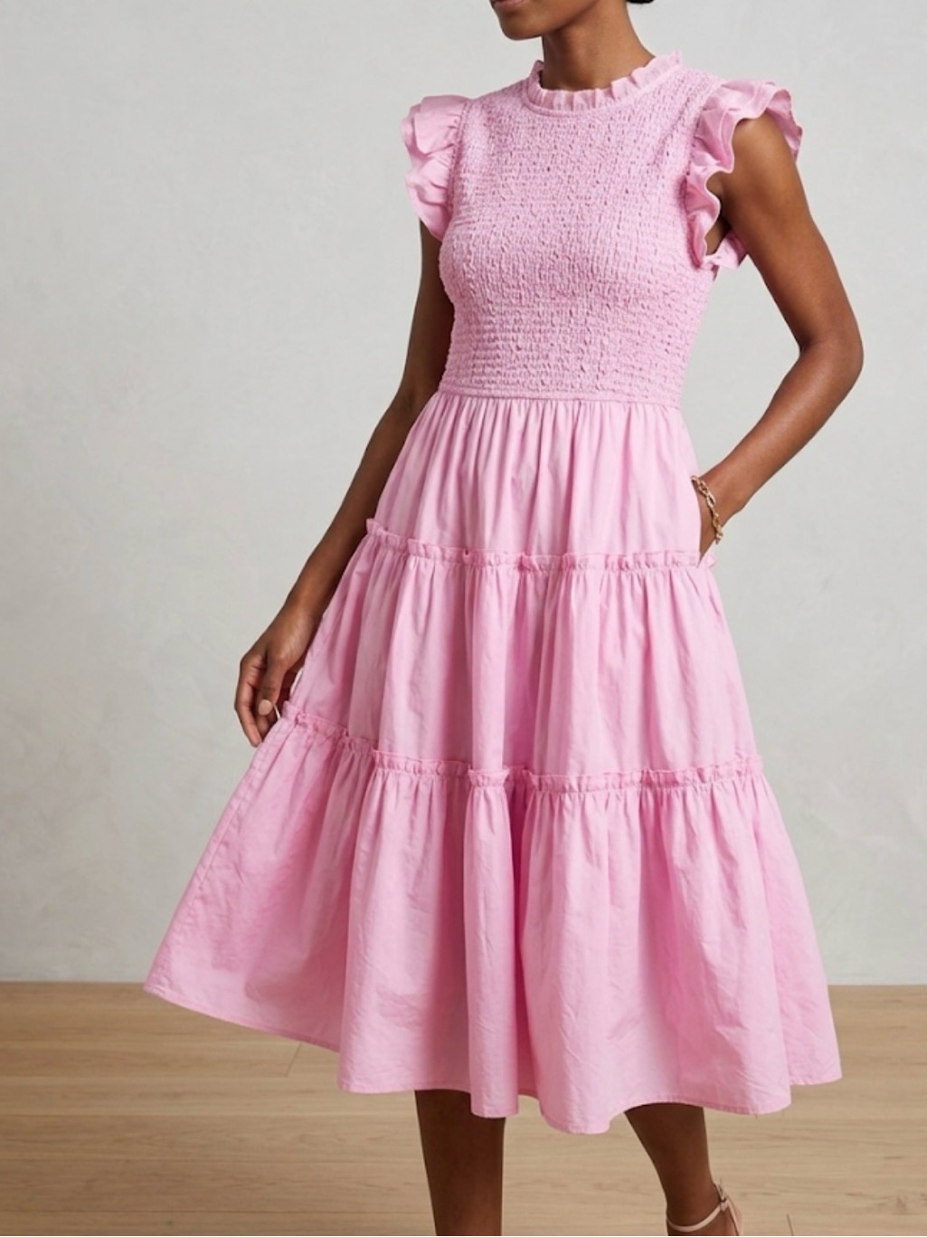 Kenzie Parker Soft Pink Smocked Tiered Midi Dress With Ruffle Sleeves Size M